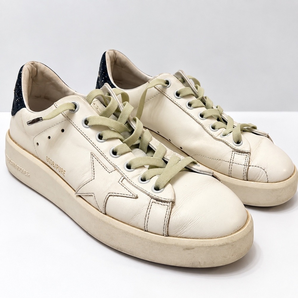 Golden Goose PureStar Low Top Sneakers White Leather Glitter Heel Size 38 US 8